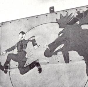 A ferocious moose pursuing a terrified Hitler was the gun shield adornment of the corvette Moose Jaw. (NF-903)