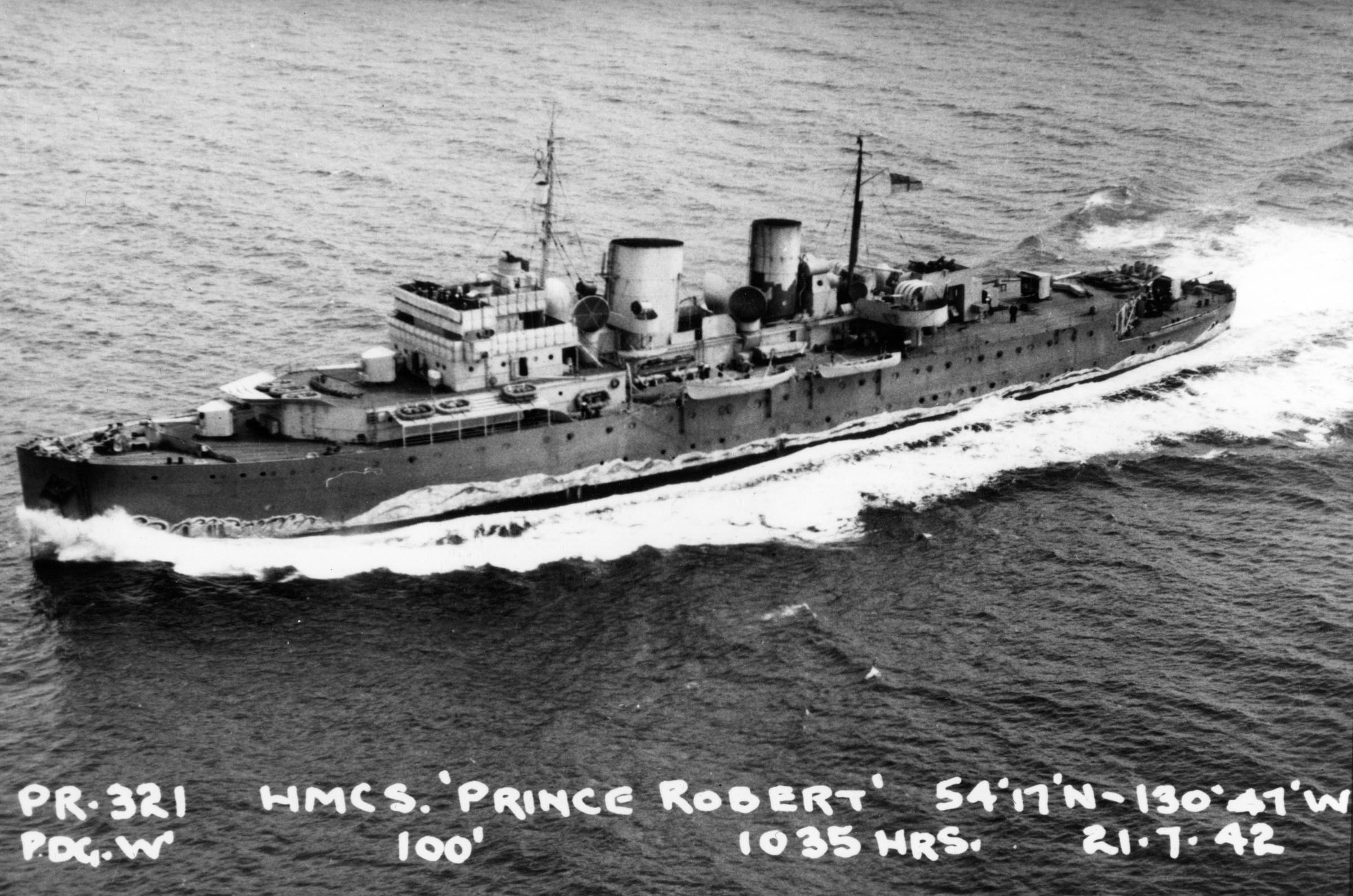 HMCS PRINCE ROBERT off Prince Rupert and steaming east at 1035 hrs 21 July, 1942.