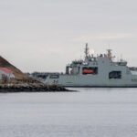 HMCS Harry DeWolf departs the Halifax Harbour, on 26 January 2025, enroute for the Caribbean Sea, on Op Caribbe. (Mona Ghiz, MARLANT Public Affairs)
