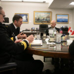 Acting Chief of Naval Operations Adm. James Kilby meets with Commander, Royal Canadian Navy Vice Adm. Angus Topshee, for an office call at the Pentagon in support of Partners in Defense, March 21, 2025. The two leaders reaffirmed their commitment to a strong, bilateral defense partnership and discussed ways to strengthen naval operations, emphasizing alignment on approaches to emerging maritime challenges, particularly in the Arctic. (U. S. Navy Photo by Mass Communication Specialist 1st Class Vanessa White/Released)