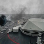 he 57mm fires at a target during a planned shooting exercise onboard HMCS Ville de Québec for Op HORIZON, in the Atlantic Ocean, on 08 April 2025 Photo by: Corporal Brendan Gamache, Formation Imaging Services