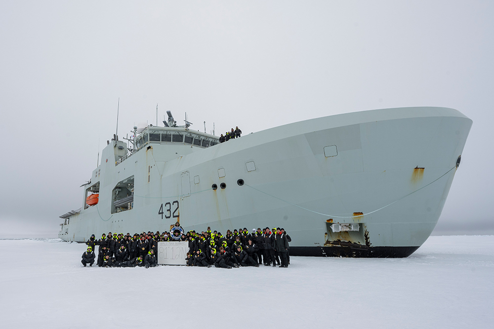 Group photo of His Majesty's Canadian Ship Max Bernays crew to commemorate the ship reaching 81 degrees North during Operation LATITUDE at sea on 29 August 2025.Photo Credit: Sailor 1st Class Jordan Schilstra, Canadian Armed Forces Photo