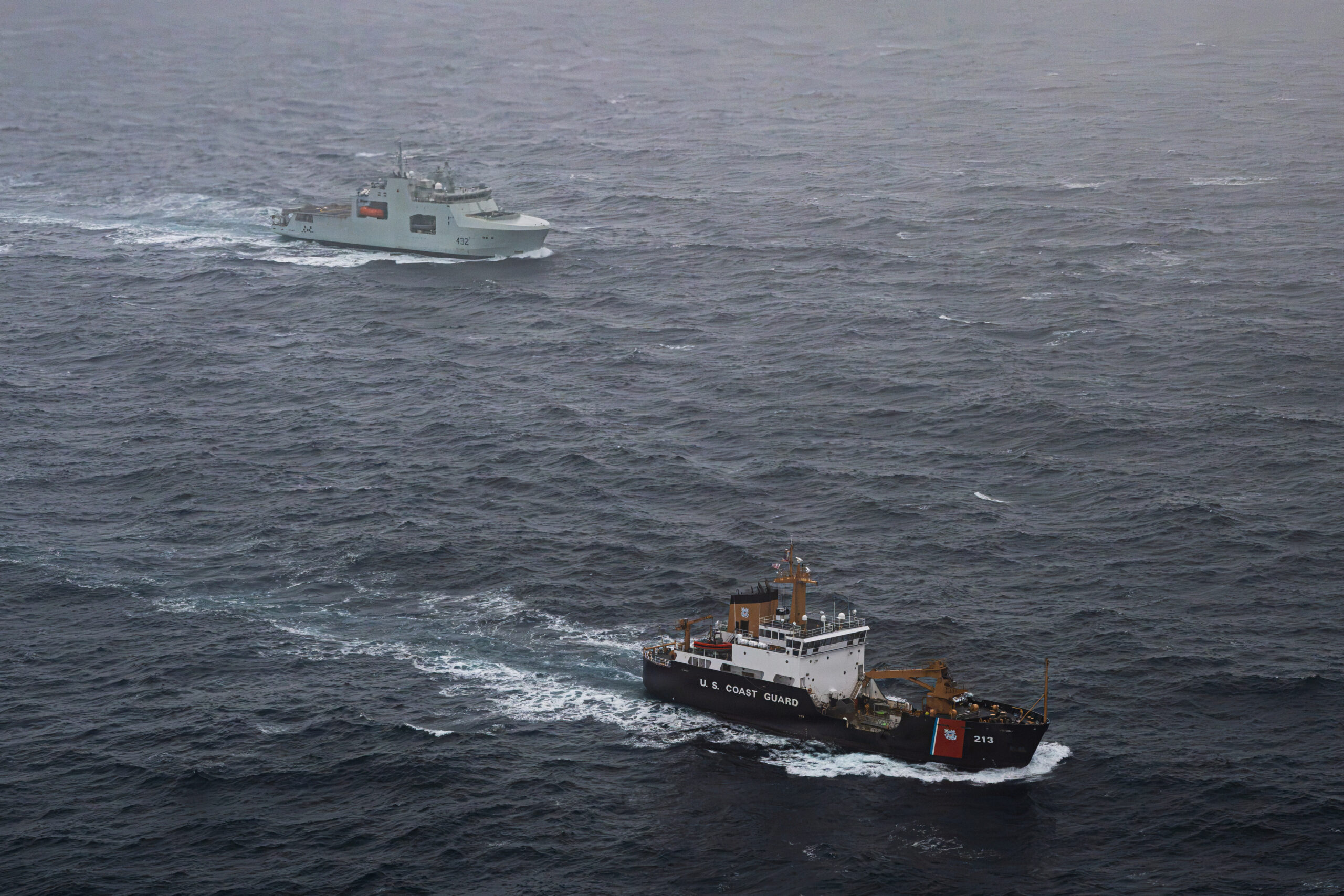 U.S. Coast Guard Cutter Fir (WLB 213) and Royal Canadian Navy HMCS Max Bernays (AOPV 432) transit the Bering Sea July 22, 2026.
