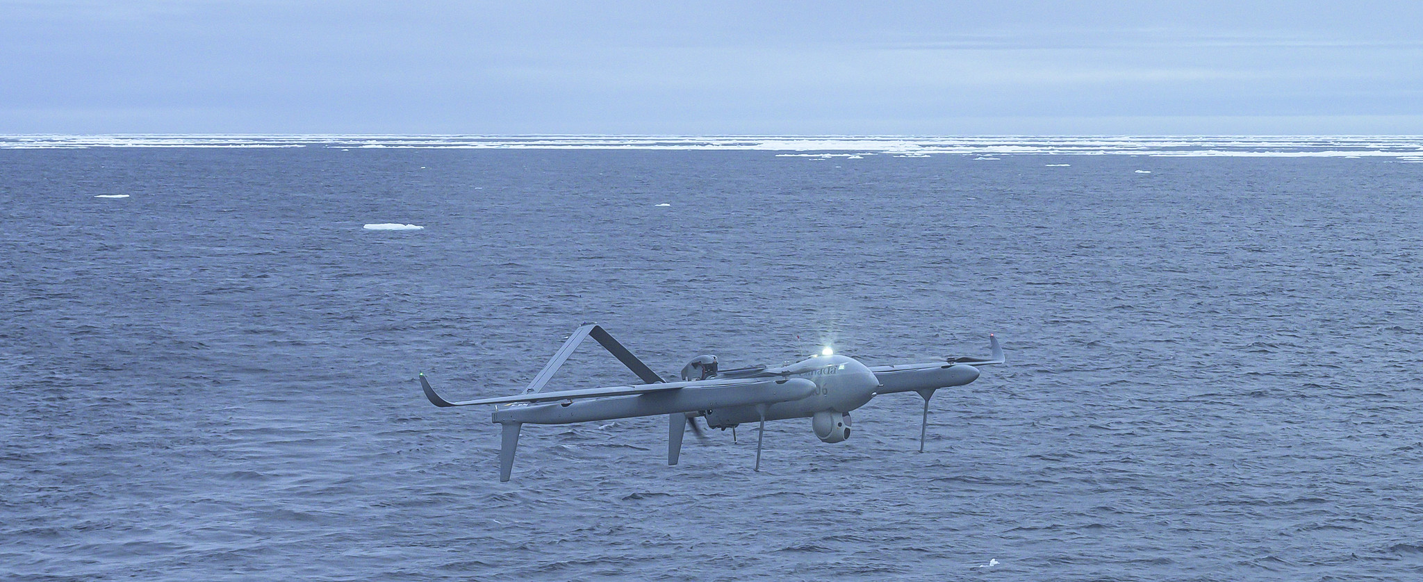 Aerosonde drone takes off from the flight deck of His Majesty's Canadian Ship (HMCS) MAX BERNAYS during Operation LATITUDE on 23 August 2026. (Sailor 1st Class Schilstra, Canadian Armed Forces Photo)